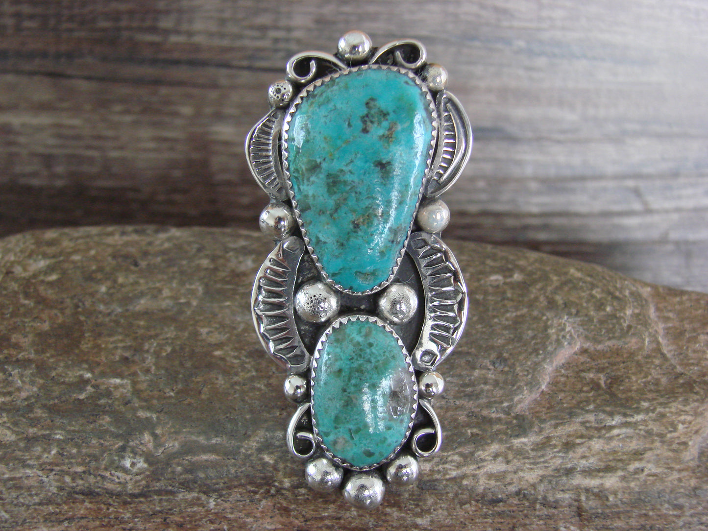 Large Navajo Sterling Silver Turquoise Adjustable Ring Size 10 to 12 - Cleveland