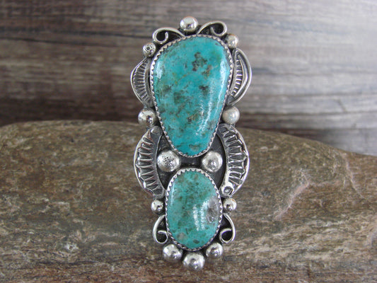 Large Navajo Sterling Silver Turquoise Adjustable Ring Size 10 to 12 - Cleveland