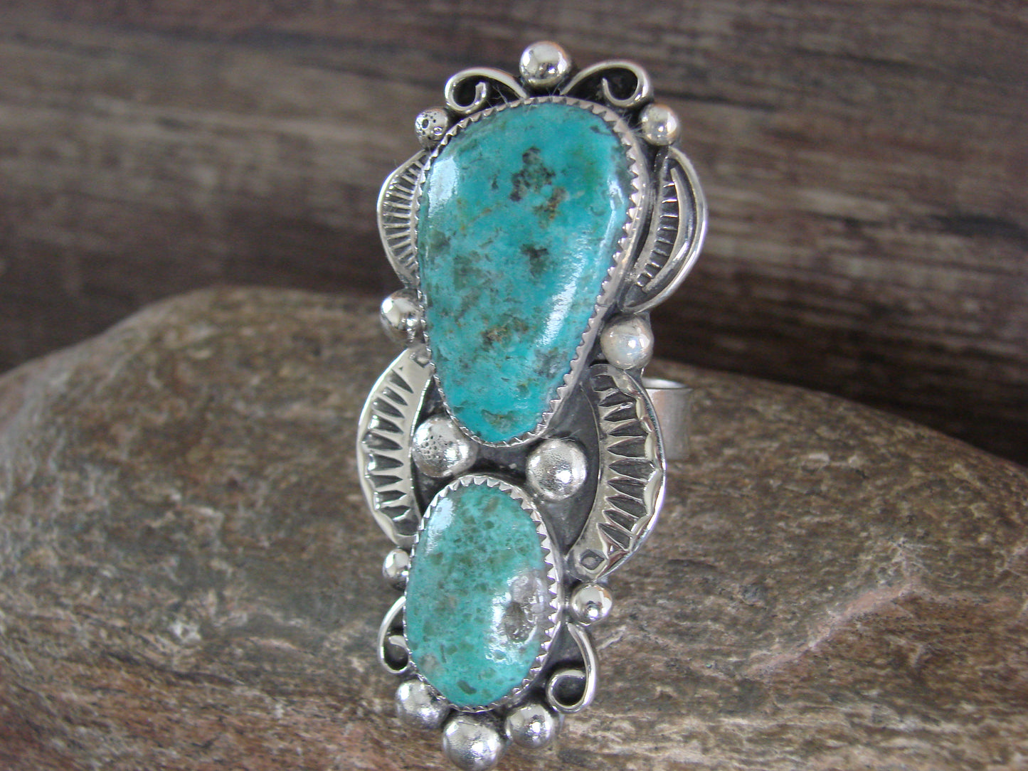 Large Navajo Sterling Silver Turquoise Adjustable Ring Size 10 to 12 - Cleveland