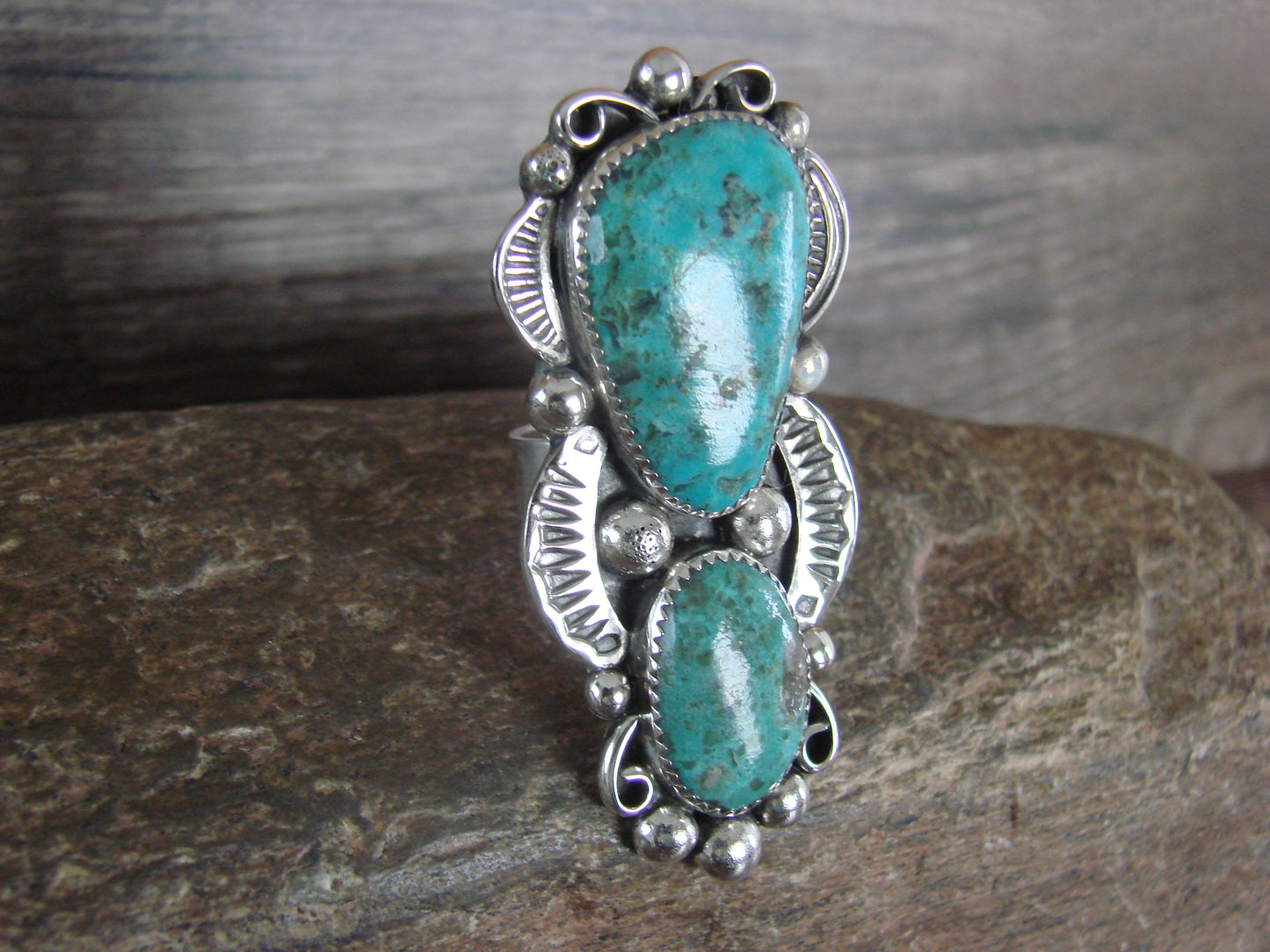 Large Navajo Sterling Silver Turquoise Adjustable Ring Size 10 to 12 - Cleveland