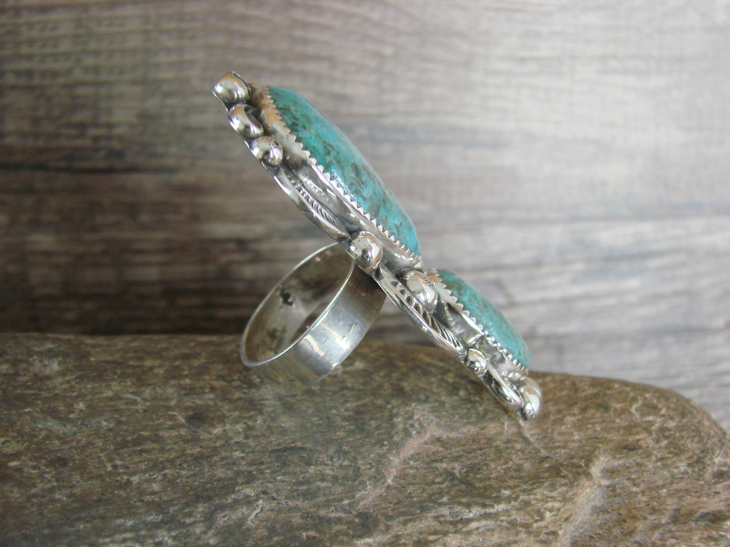 Large Navajo Sterling Silver Turquoise Adjustable Ring Size 10 to 12 - Cleveland