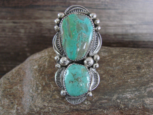 Large Navajo Sterling Silver Turquoise Adjustable Ring Size 10 to 12 - Cleveland