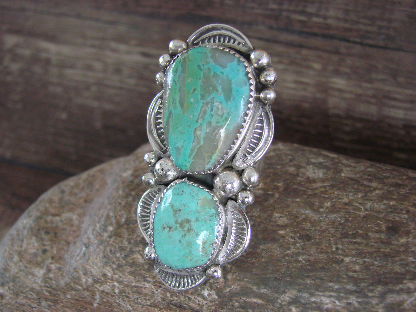 Large Navajo Sterling Silver Turquoise Adjustable Ring Size 10 to 12 - Cleveland