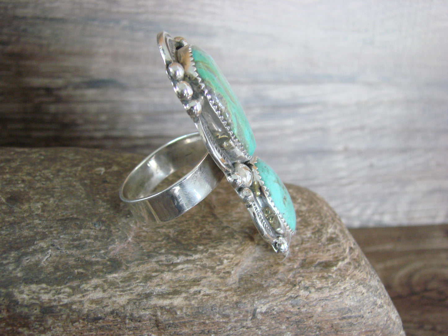 Large Navajo Sterling Silver Turquoise Adjustable Ring Size 10 to 12 - Cleveland