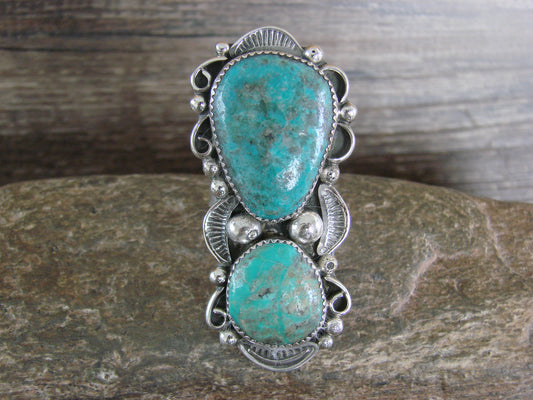 Large Navajo Sterling Silver Turquoise Adjustable Ring Size 10 to 12 - Cleveland