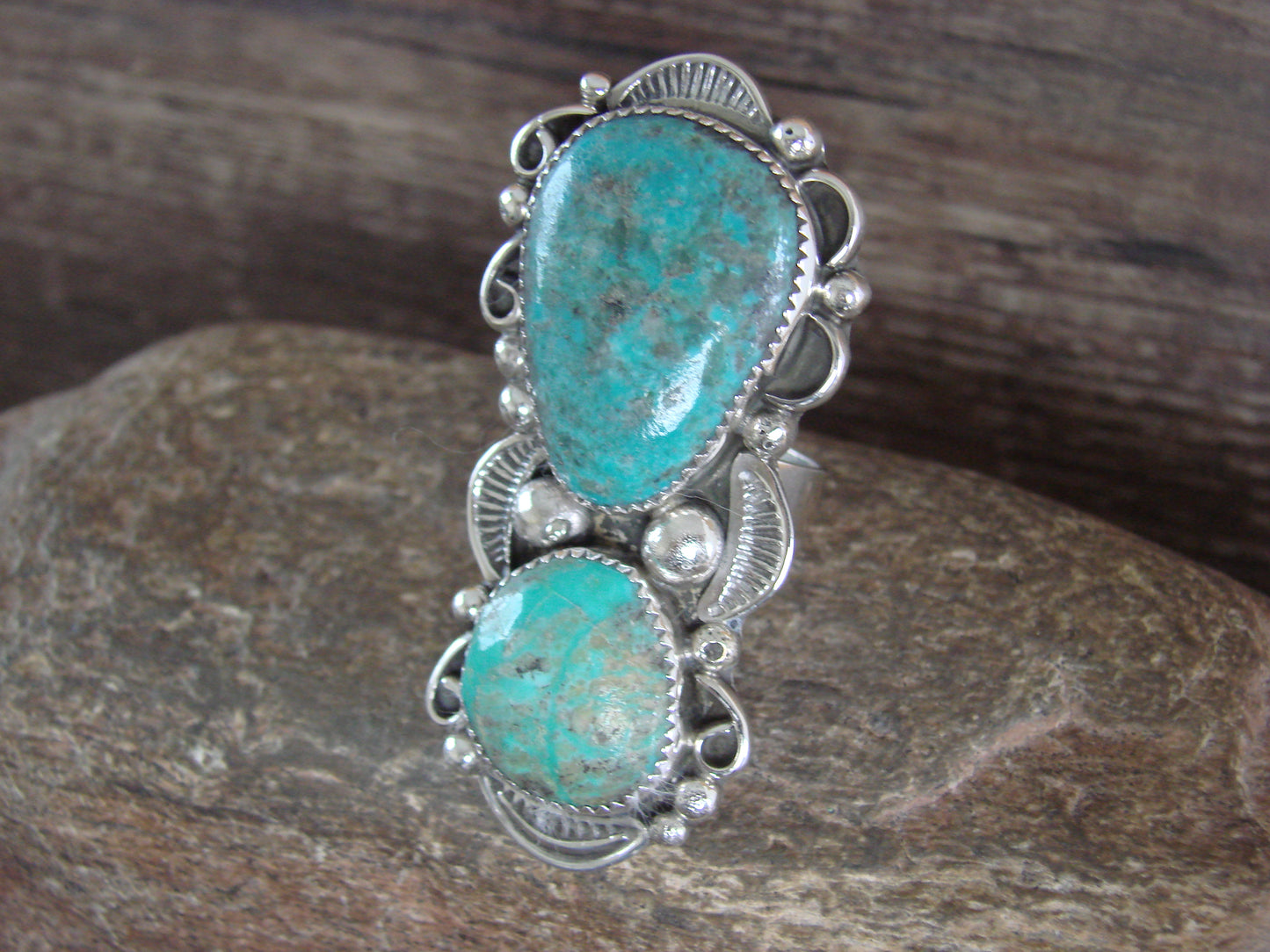 Large Navajo Sterling Silver Turquoise Adjustable Ring Size 10 to 12 - Cleveland