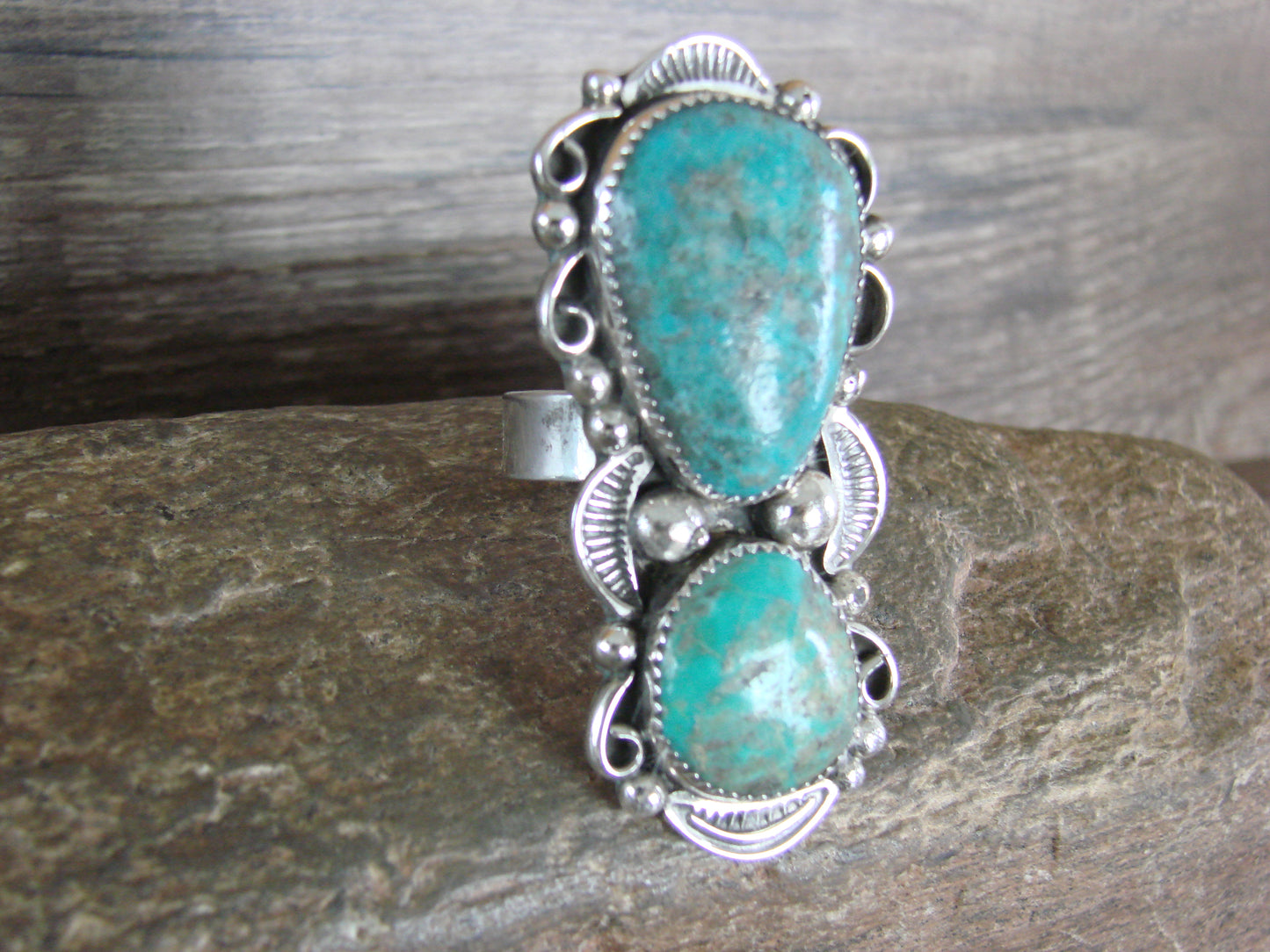 Large Navajo Sterling Silver Turquoise Adjustable Ring Size 10 to 12 - Cleveland
