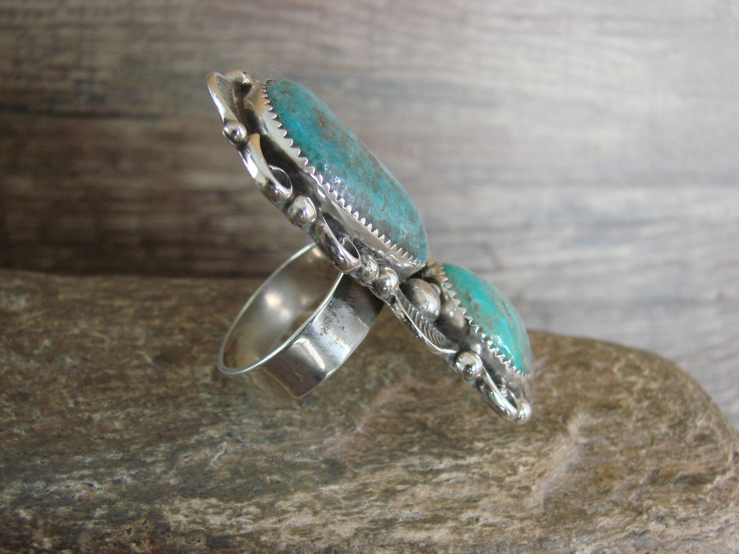 Large Navajo Sterling Silver Turquoise Adjustable Ring Size 10 to 12 - Cleveland