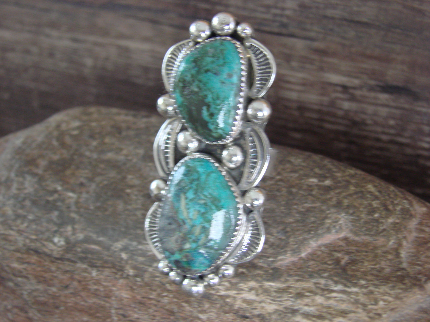 Large Navajo Sterling Silver Turquoise Adjustable Ring Size 10 to 12 - Cleveland