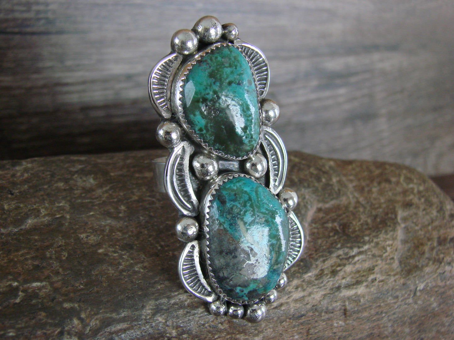 Large Navajo Sterling Silver Turquoise Adjustable Ring Size 10 to 12 - Cleveland