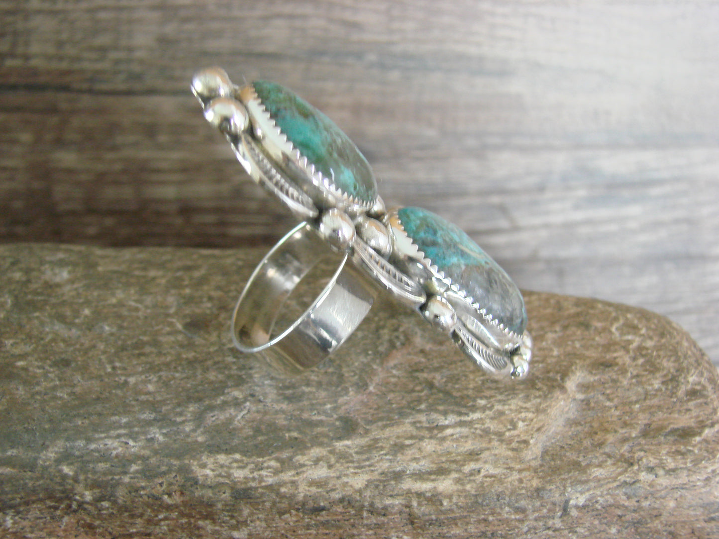 Large Navajo Sterling Silver Turquoise Adjustable Ring Size 10 to 12 - Cleveland