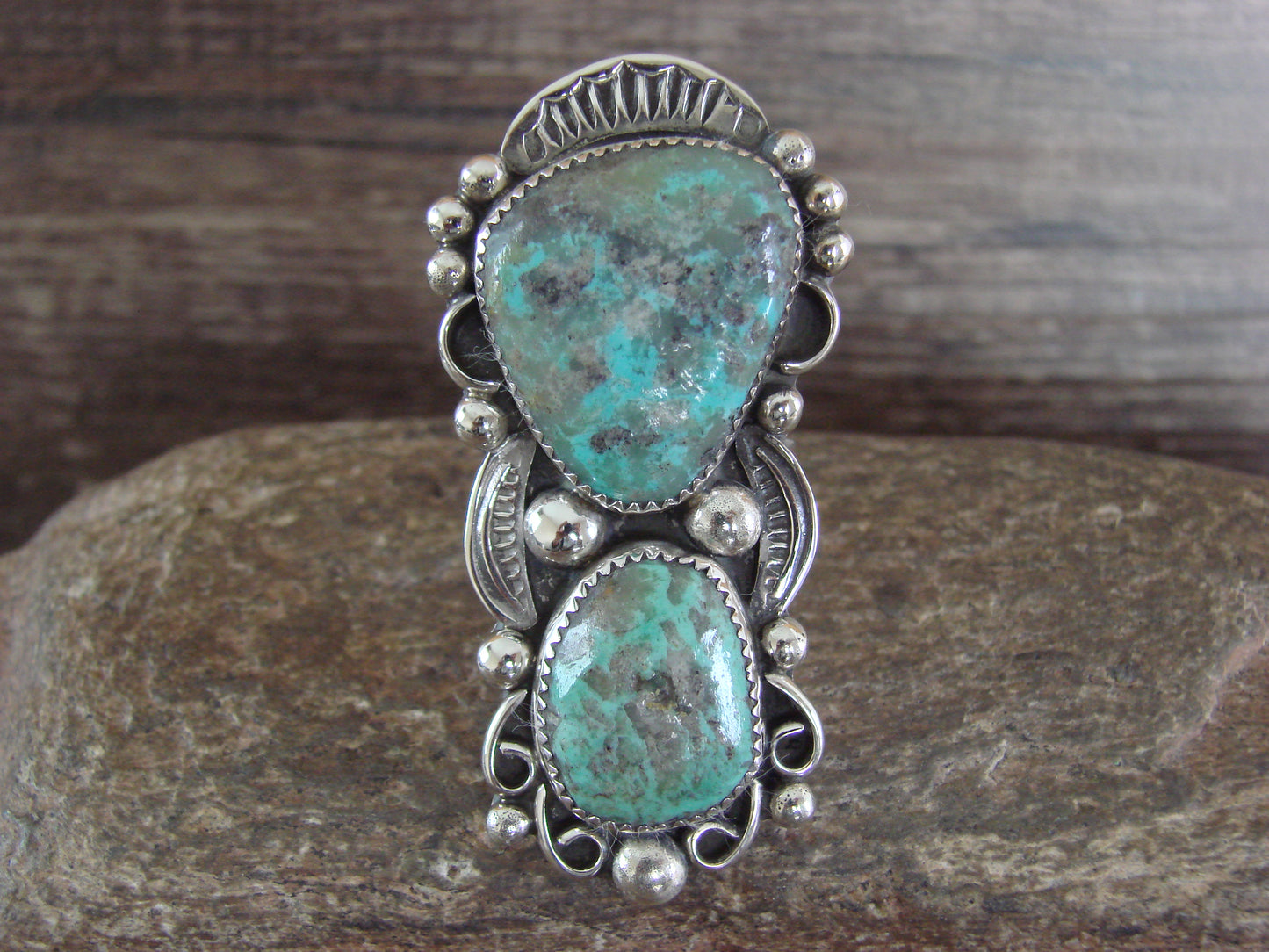 Large Navajo Sterling Silver Turquoise Adjustable Ring Size 10 to 12 - Cleveland