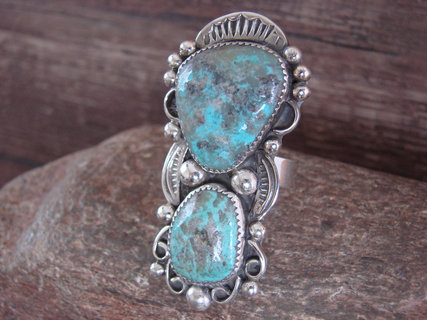Large Navajo Sterling Silver Turquoise Adjustable Ring Size 10 to 12 - Cleveland