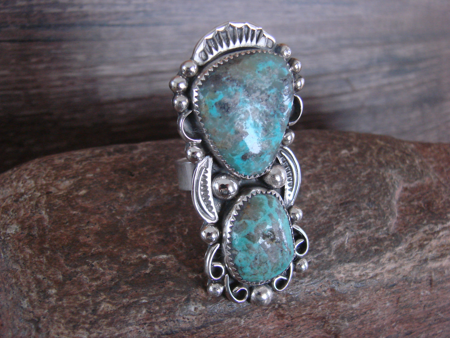 Large Navajo Sterling Silver Turquoise Adjustable Ring Size 10 to 12 - Cleveland