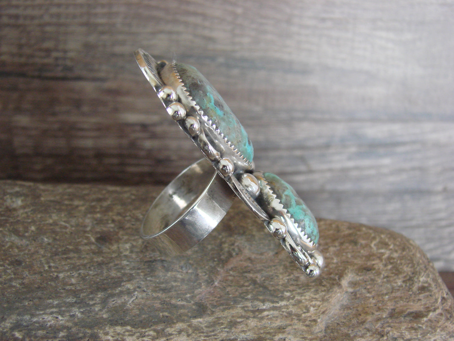 Large Navajo Sterling Silver Turquoise Adjustable Ring Size 10 to 12 - Cleveland