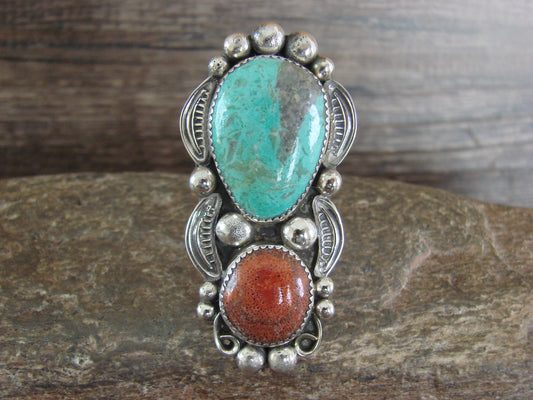 Navajo Sterling Silver Turquoise & Coral Adjustable Ring Size 10 to 12 - Cleveland