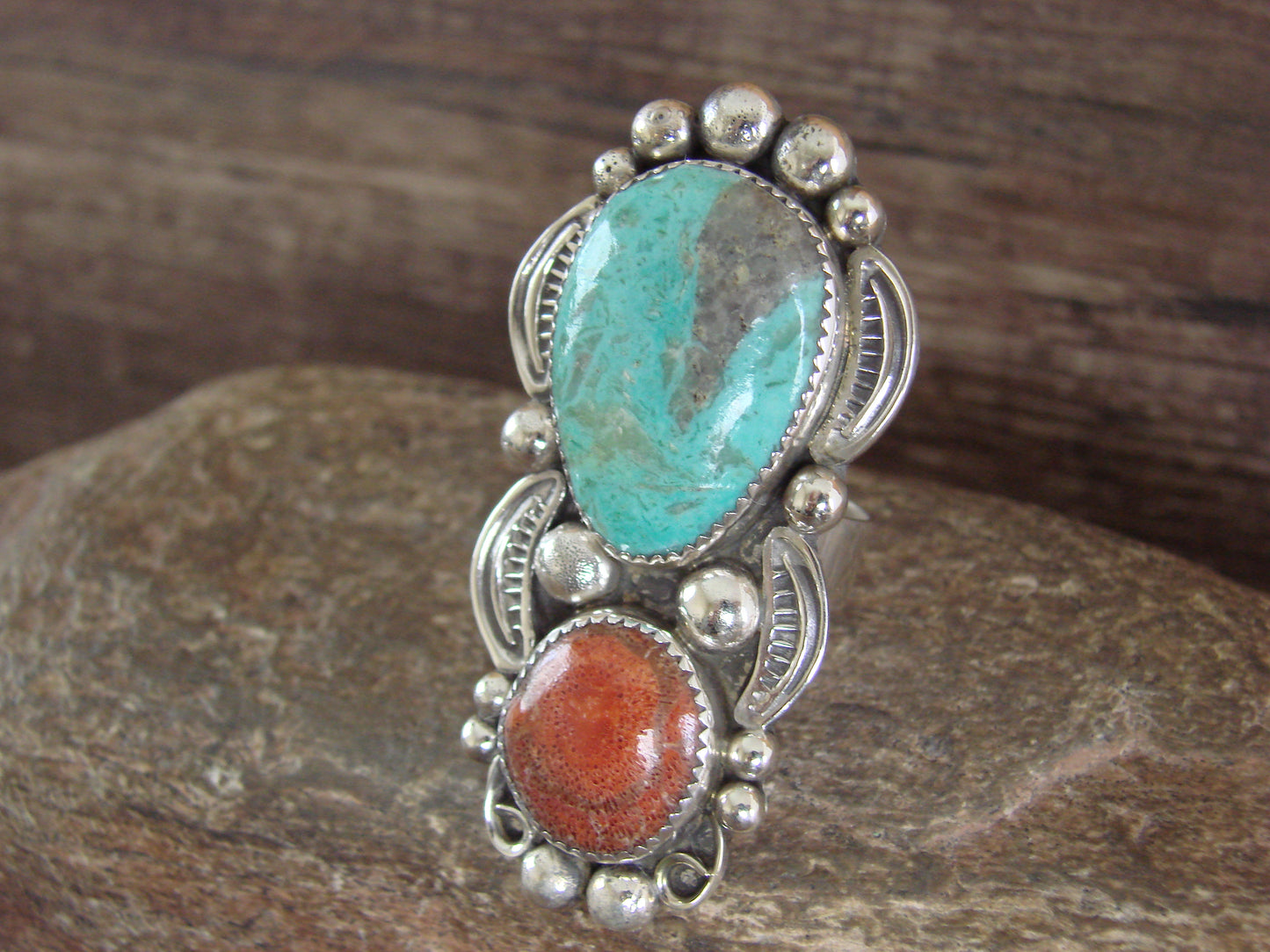 Navajo Sterling Silver Turquoise & Coral Adjustable Ring Size 10 to 12 - Cleveland