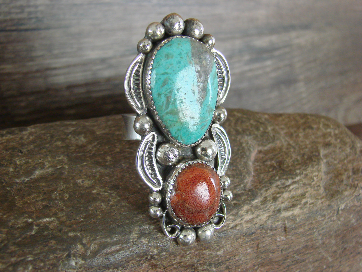 Navajo Sterling Silver Turquoise & Coral Adjustable Ring Size 10 to 12 - Cleveland