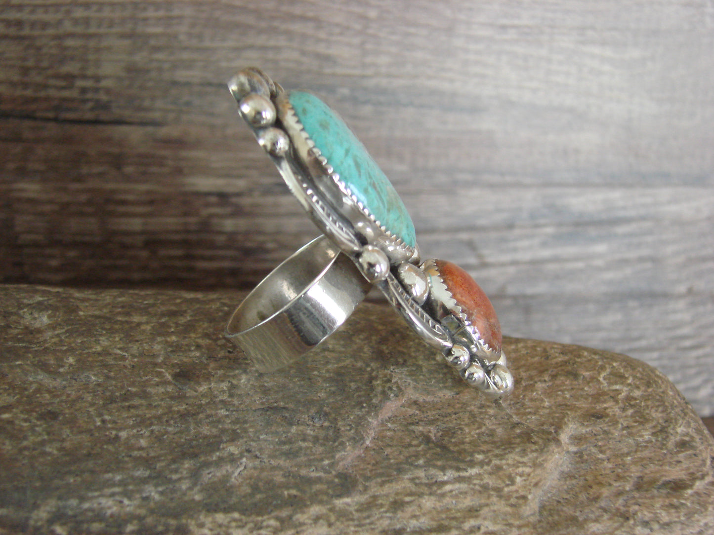 Navajo Sterling Silver Turquoise & Coral Adjustable Ring Size 10 to 12 - Cleveland