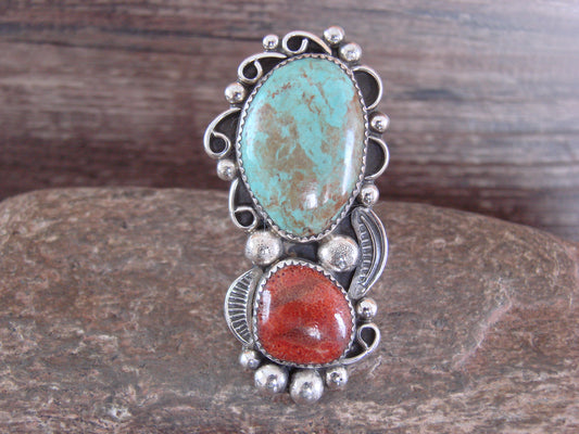 Navajo Sterling Silver Turquoise & Coral Adjustable Ring Size 10 to 12 - Cleveland