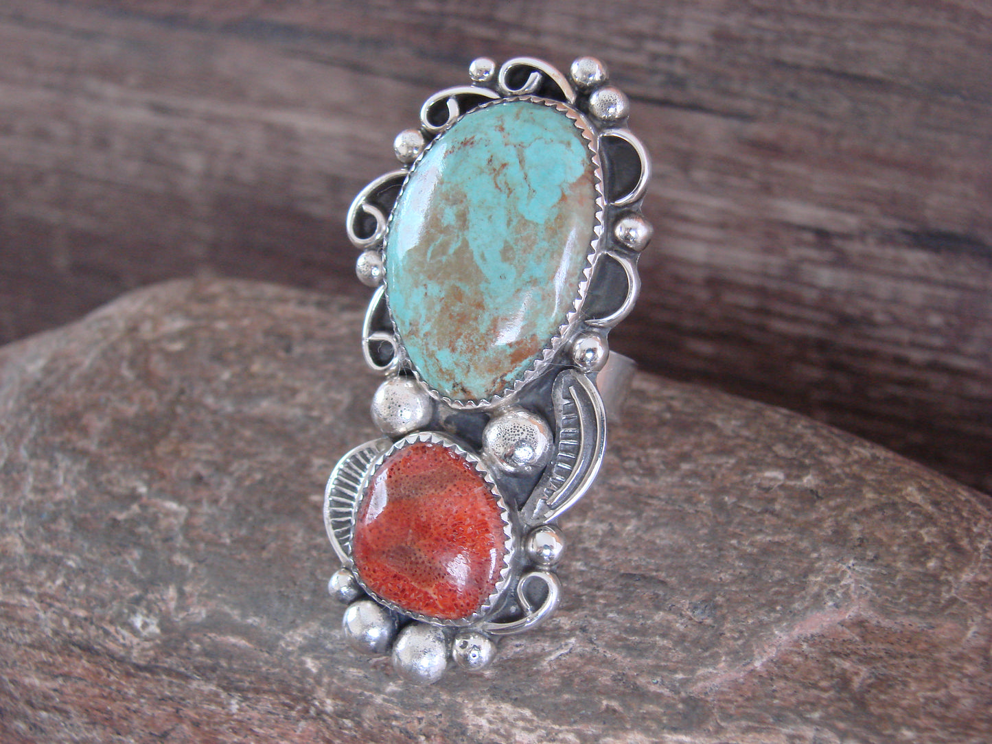 Navajo Sterling Silver Turquoise & Coral Adjustable Ring Size 10 to 12 - Cleveland