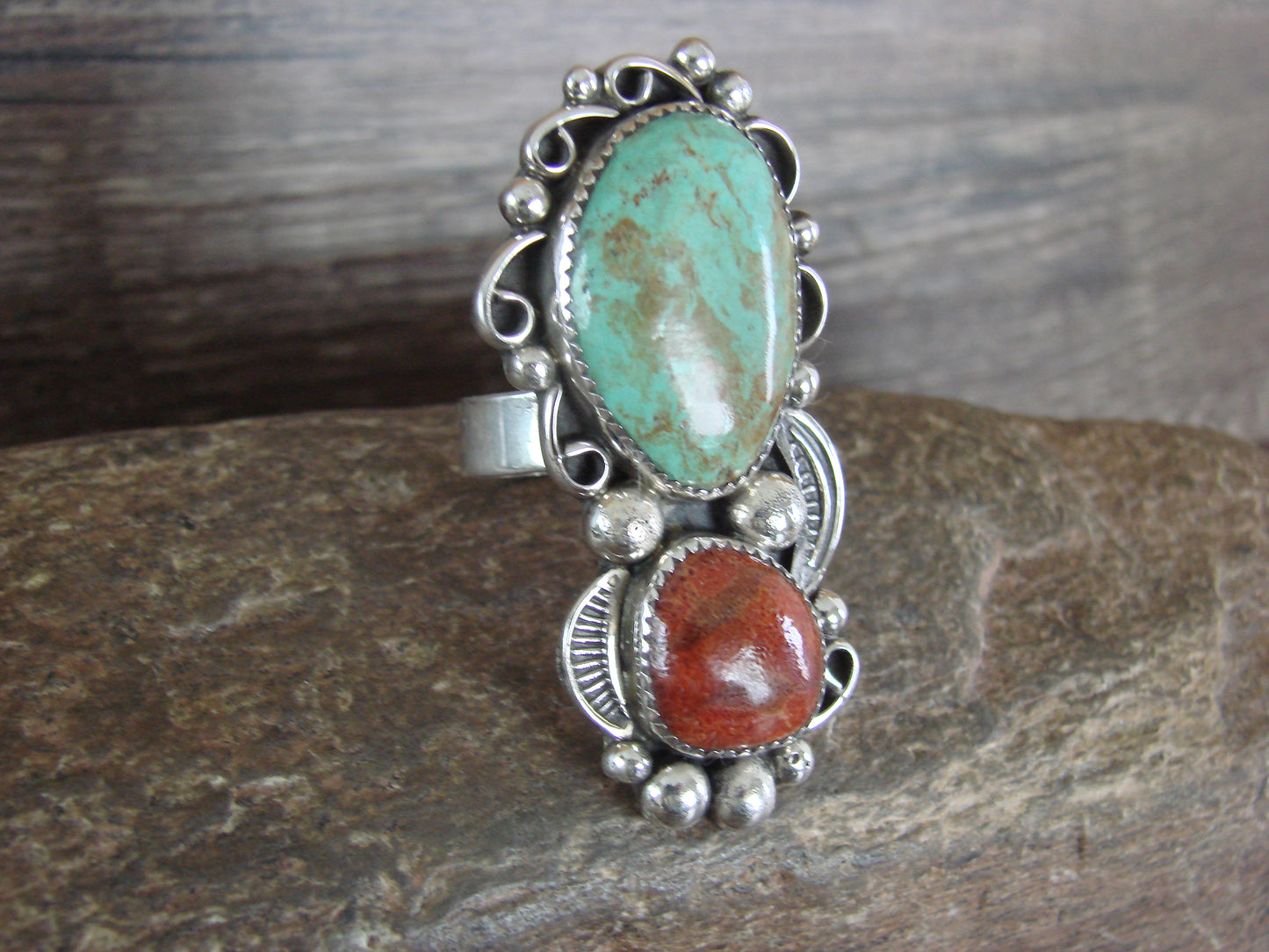 Navajo Sterling Silver Turquoise & Coral Adjustable Ring Size 10 to 12 - Cleveland