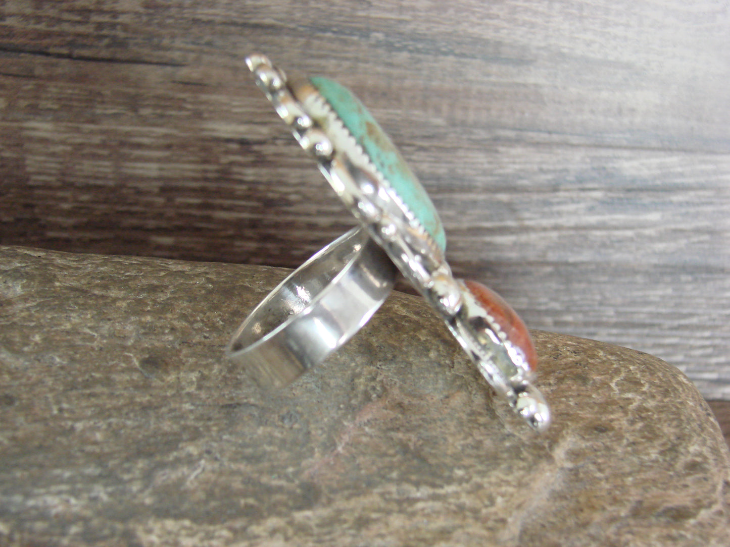 Navajo Sterling Silver Turquoise & Coral Adjustable Ring Size 10 to 12 - Cleveland