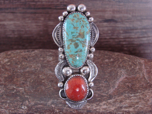 Navajo Sterling Silver Turquoise & Coral Adjustable Ring Size 10 to 12 - Cleveland