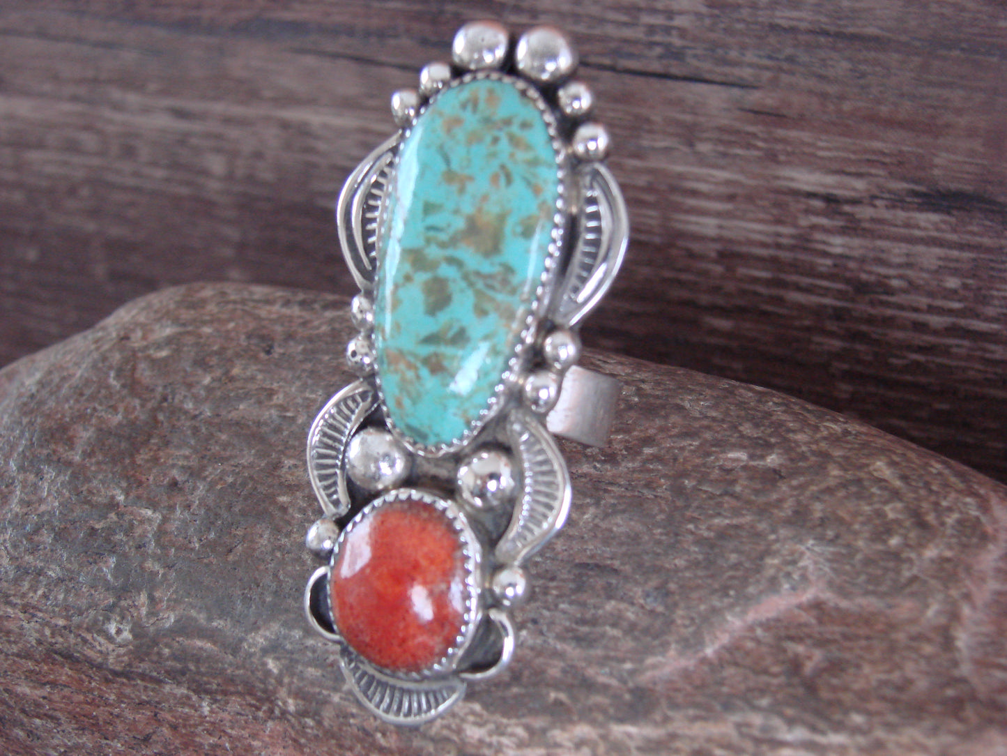 Navajo Sterling Silver Turquoise & Coral Adjustable Ring Size 10 to 12 - Cleveland