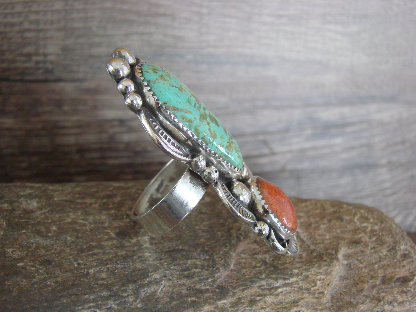 Navajo Sterling Silver Turquoise & Coral Adjustable Ring Size 10 to 12 - Cleveland