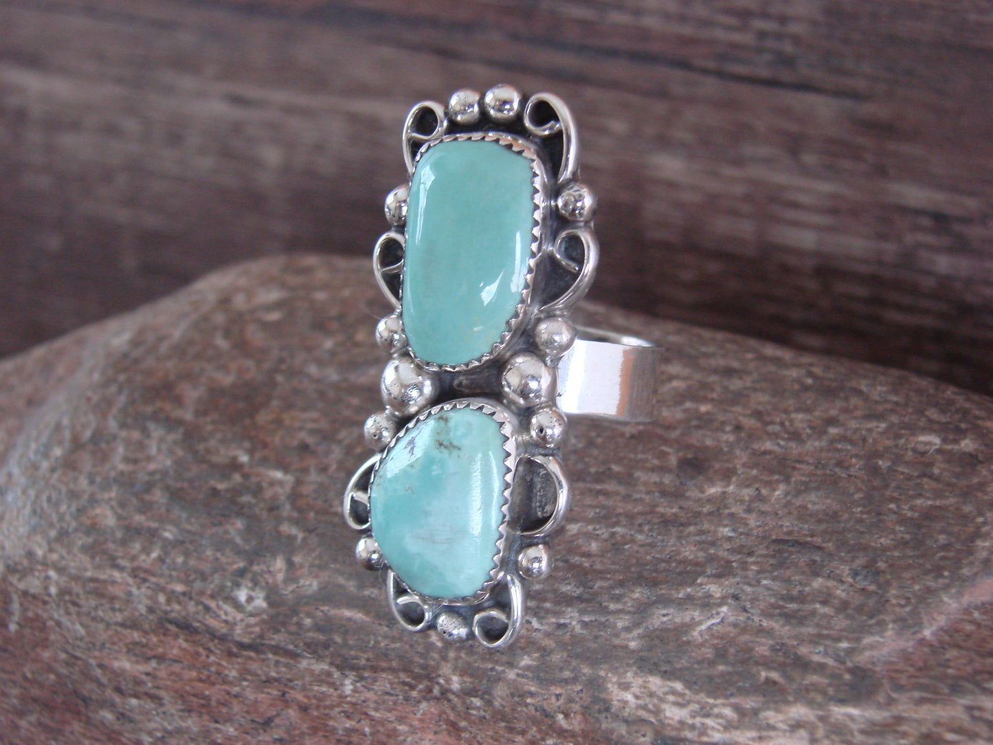 Navajo Sterling Silver Turquoise Adjustable Ring Size 10 to 12 - Cleveland