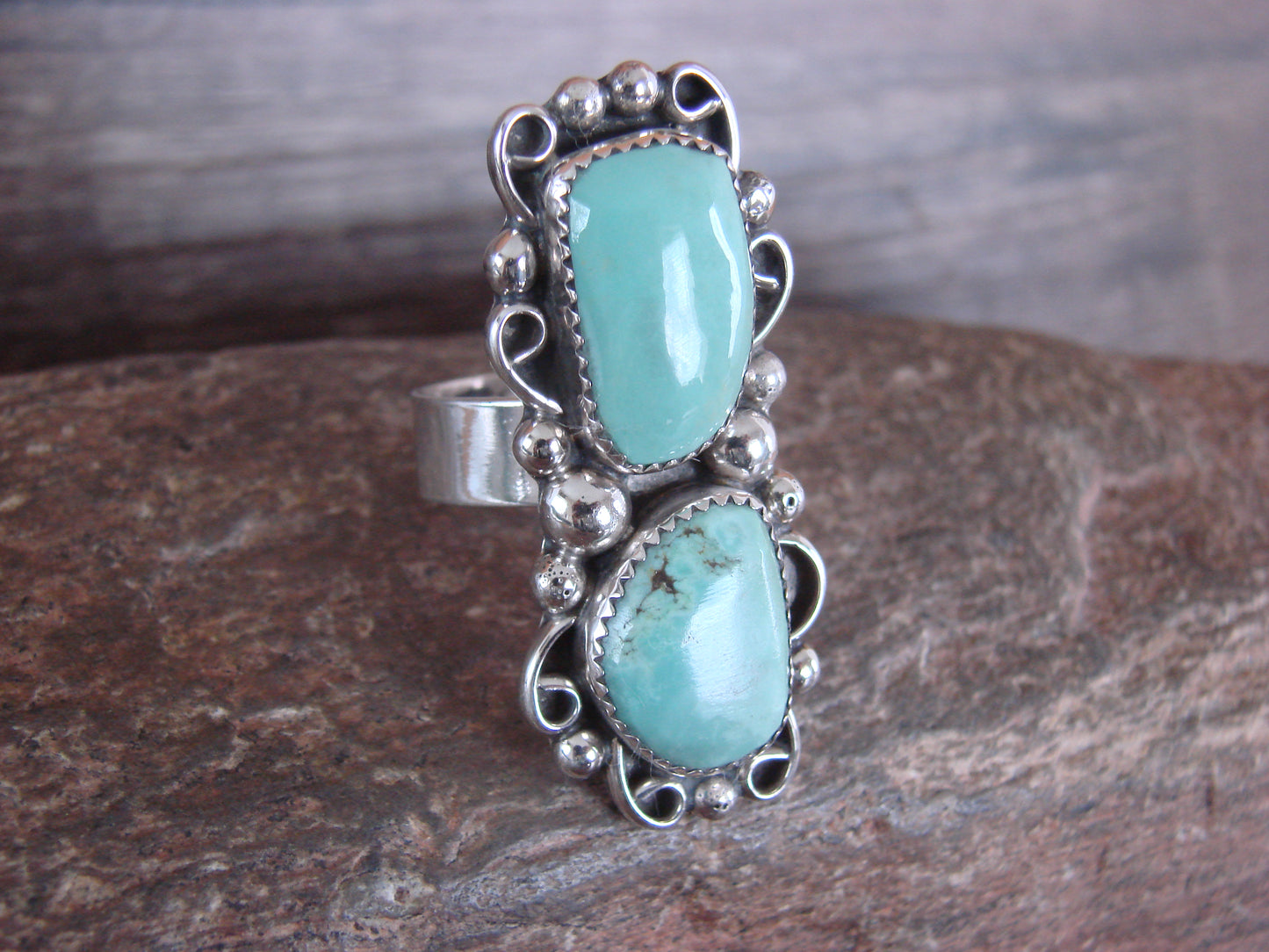 Navajo Sterling Silver Turquoise Adjustable Ring Size 10 to 12 - Cleveland