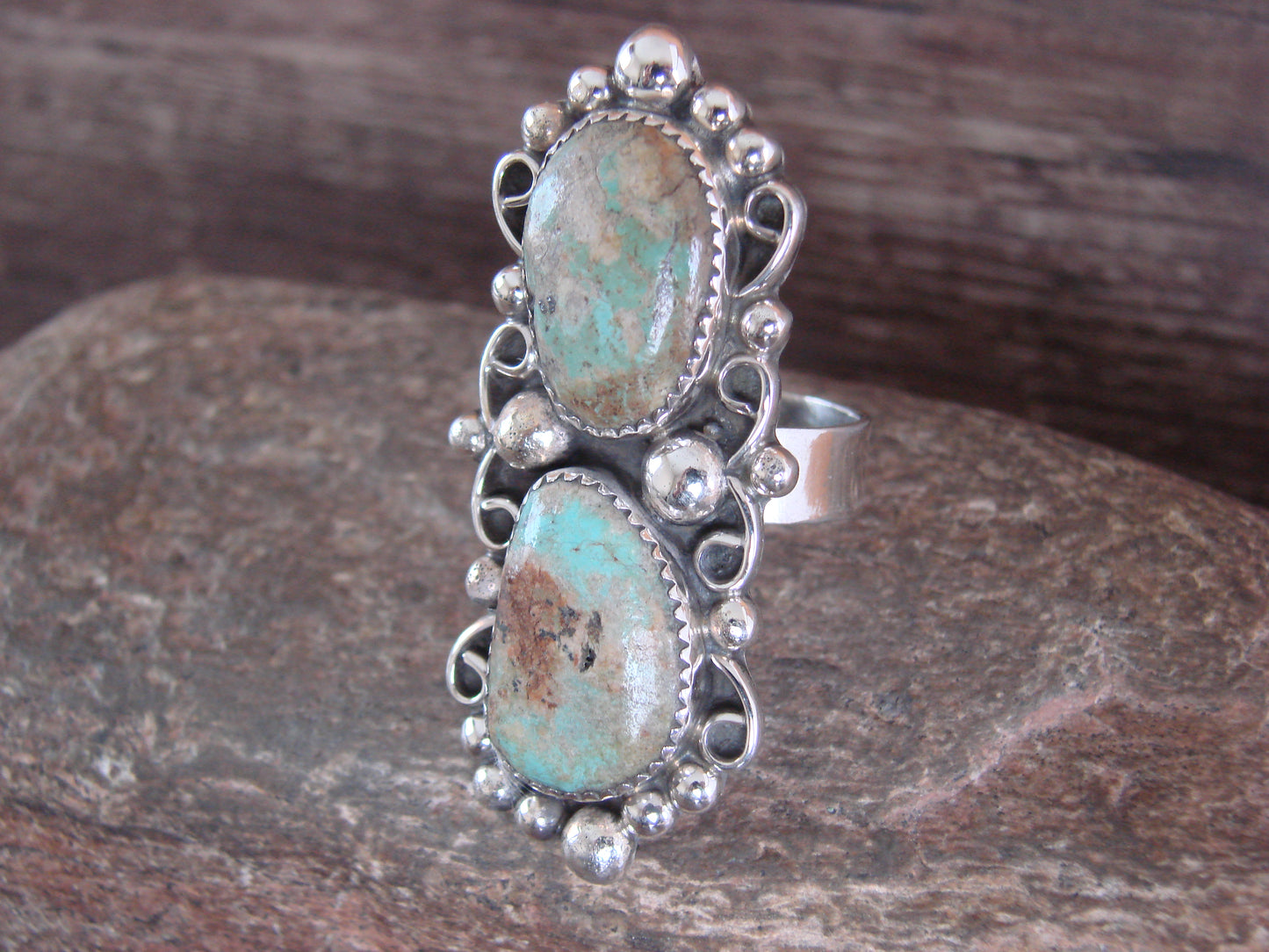 Navajo Sterling Silver Turquoise Adjustable Ring Size 10 to 12 - Cleveland