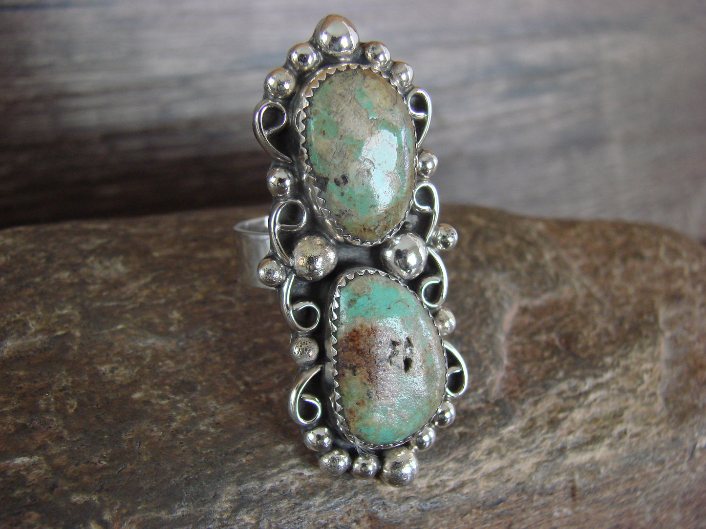 Navajo Sterling Silver Turquoise Adjustable Ring Size 10 to 12 - Cleveland