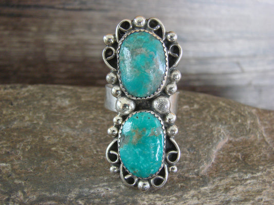 Navajo Sterling Silver Turquoise Adjustable Ring Size 10 to 12 - Cleveland