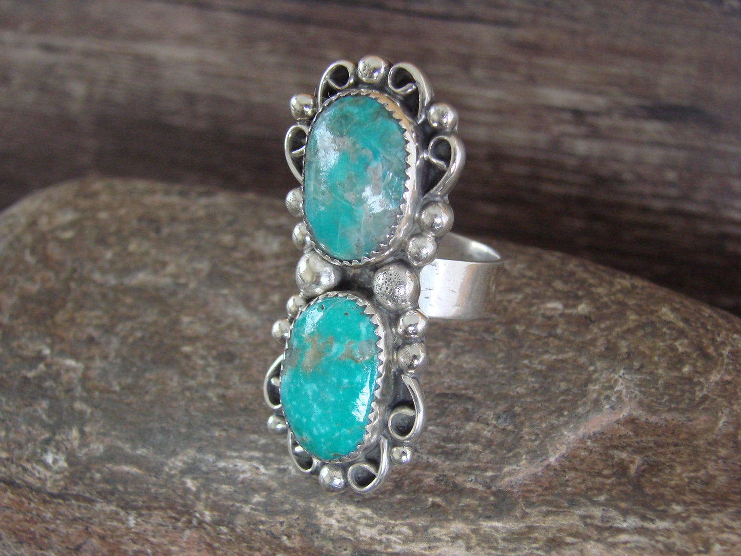 Navajo Sterling Silver Turquoise Adjustable Ring Size 10 to 12 - Cleveland