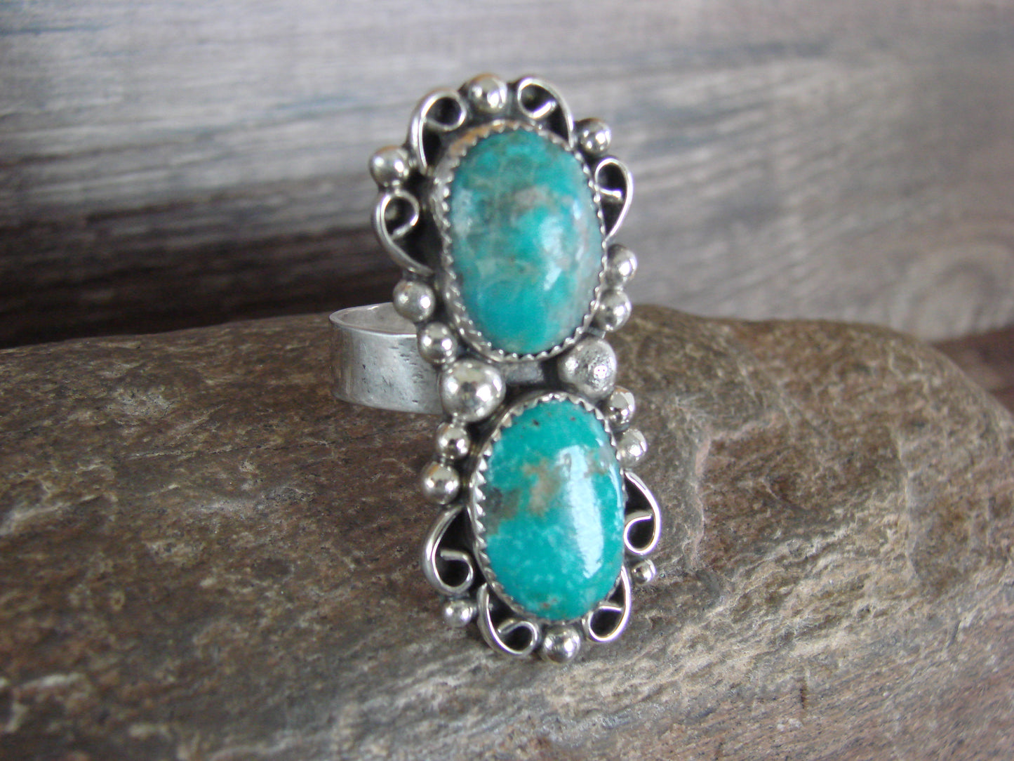 Navajo Sterling Silver Turquoise Adjustable Ring Size 10 to 12 - Cleveland