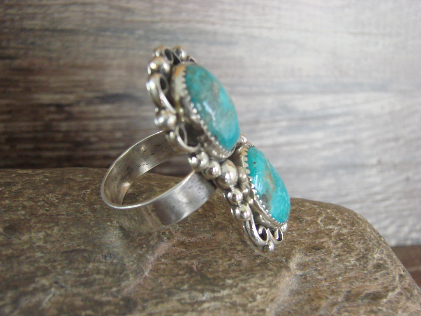 Navajo Sterling Silver Turquoise Adjustable Ring Size 10 to 12 - Cleveland