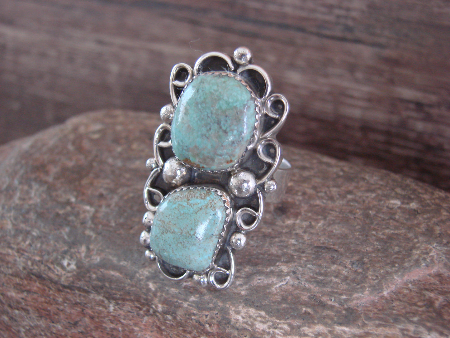 Navajo Sterling Silver Turquoise Adjustable Ring Size 10 to 12 - Cleveland