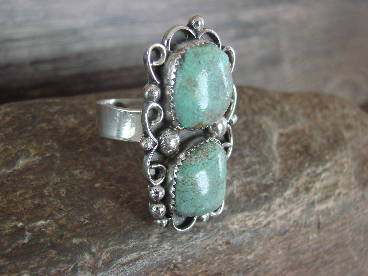 Navajo Sterling Silver Turquoise Adjustable Ring Size 10 to 12 - Cleveland