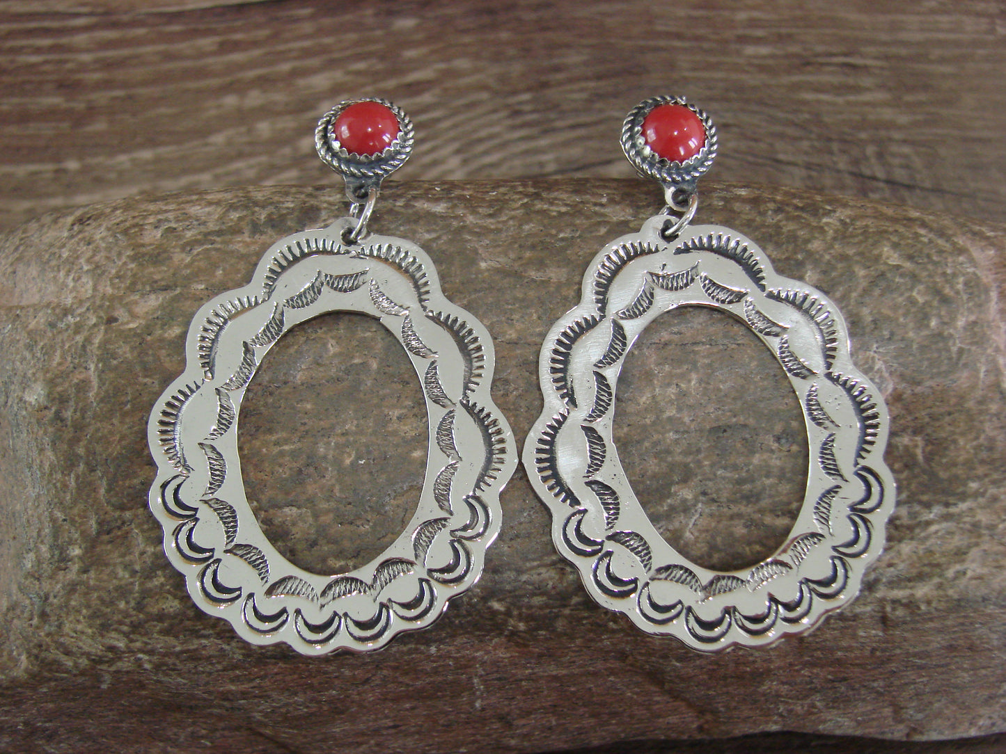 Navajo Indian Nickel Silver & Coral Dangle Post Earrings - Cleveland
