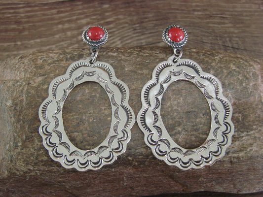 Navajo Indian Nickel Silver & Coral Dangle Post Earrings - Cleveland
