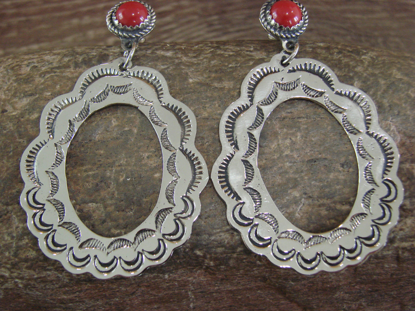 Navajo Indian Nickel Silver & Coral Dangle Post Earrings - Cleveland