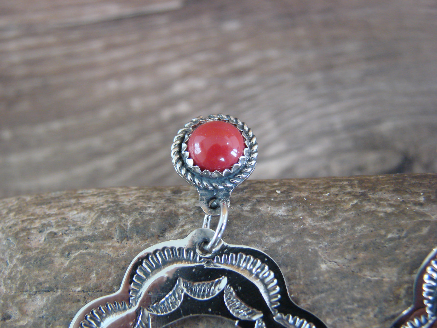 Navajo Indian Nickel Silver & Coral Dangle Post Earrings - Cleveland
