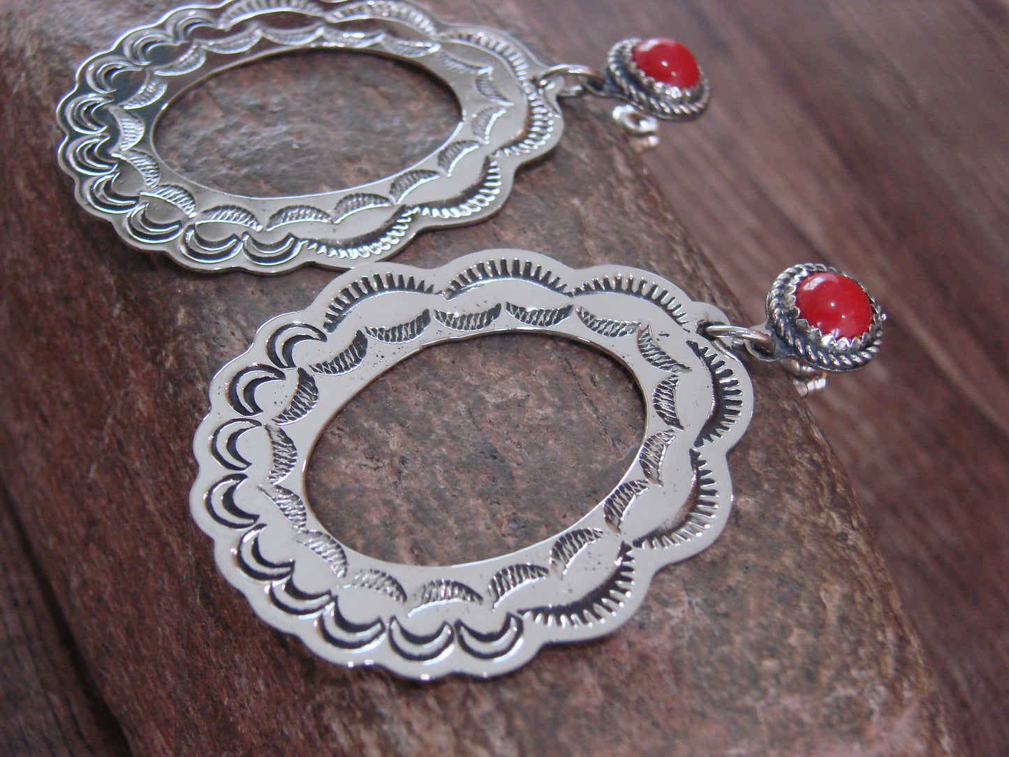 Navajo Indian Nickel Silver & Coral Dangle Post Earrings - Cleveland