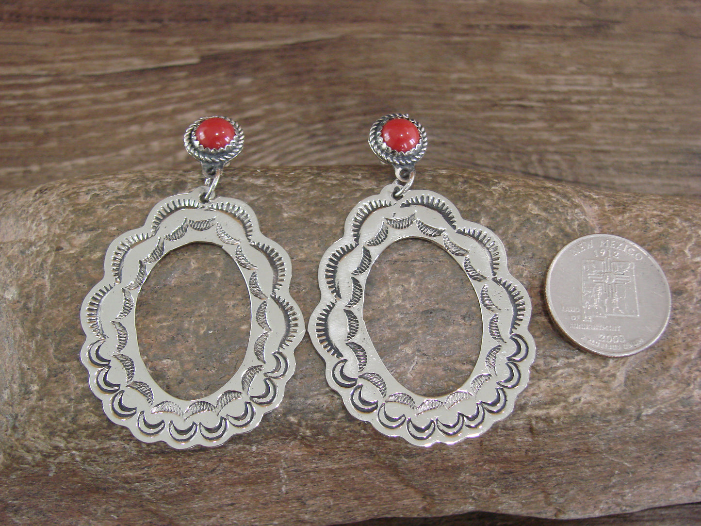 Navajo Indian Nickel Silver & Coral Dangle Post Earrings - Cleveland