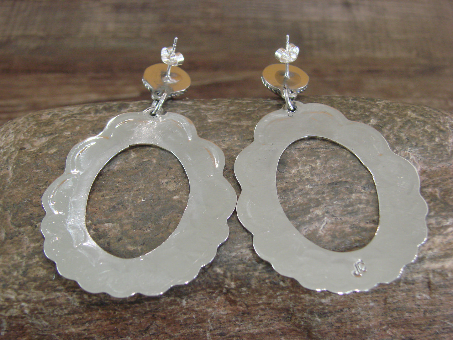 Navajo Indian Nickel Silver & Coral Dangle Post Earrings - Cleveland