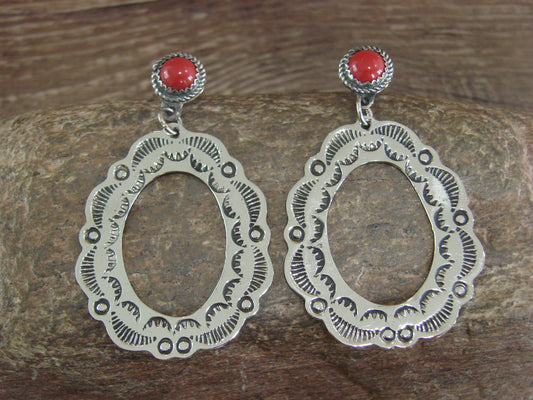 Navajo Indian Nickel Silver & Coral Dangle Post Earrings - Cleveland