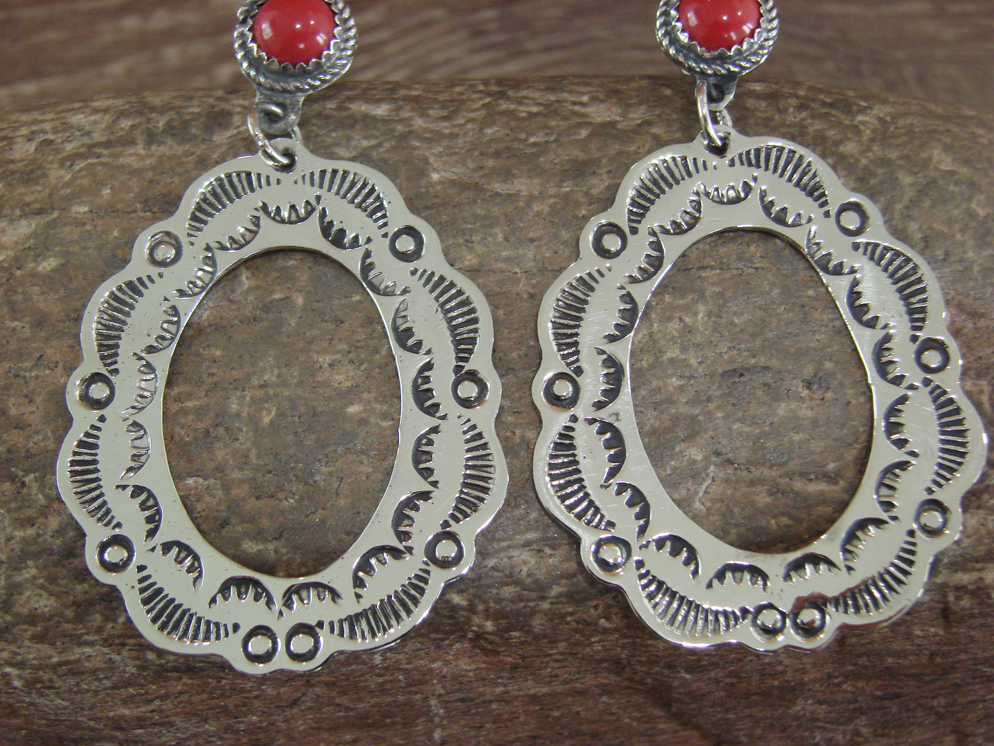 Navajo Indian Nickel Silver & Coral Dangle Post Earrings - Cleveland