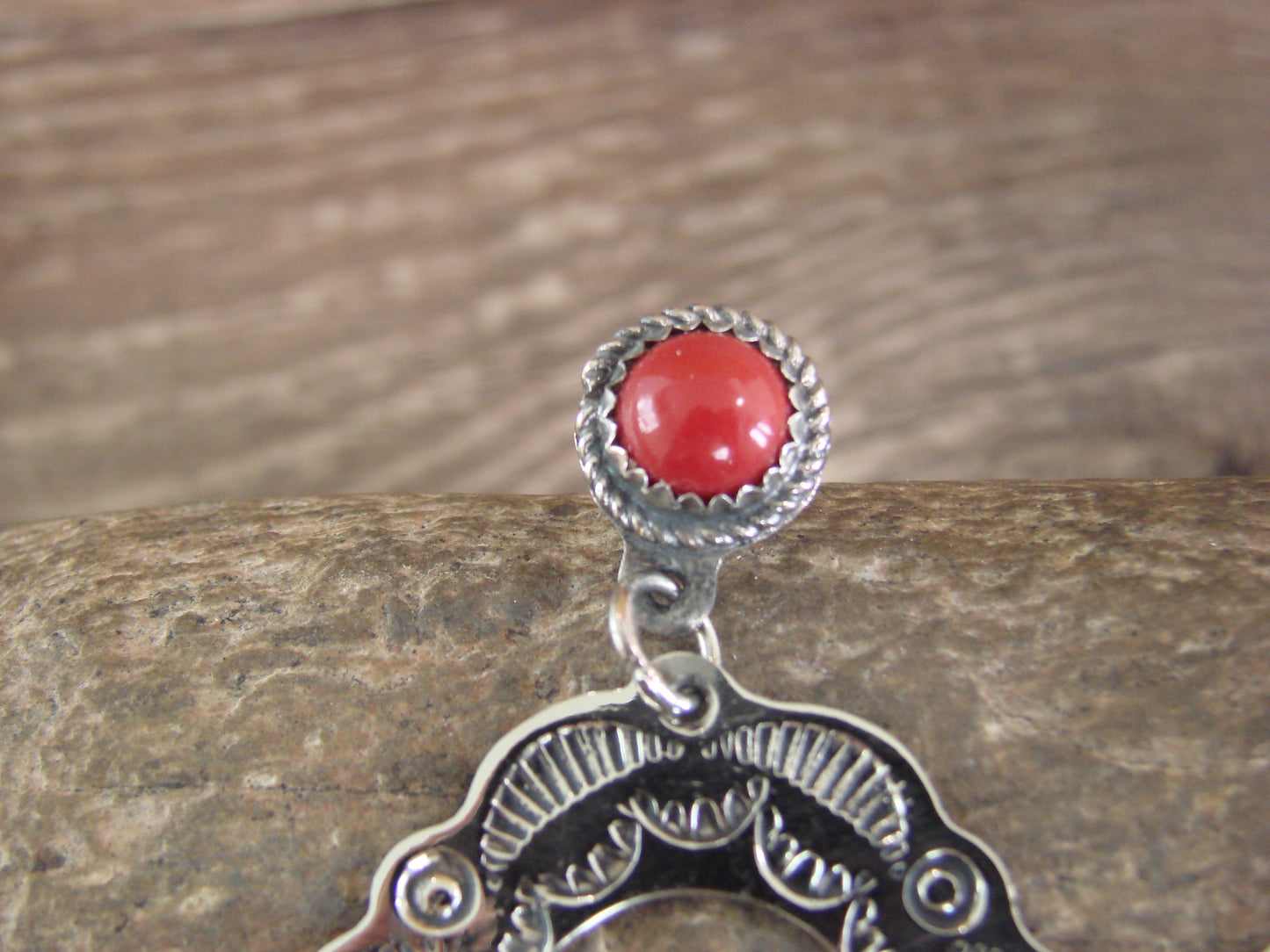 Navajo Indian Nickel Silver & Coral Dangle Post Earrings - Cleveland